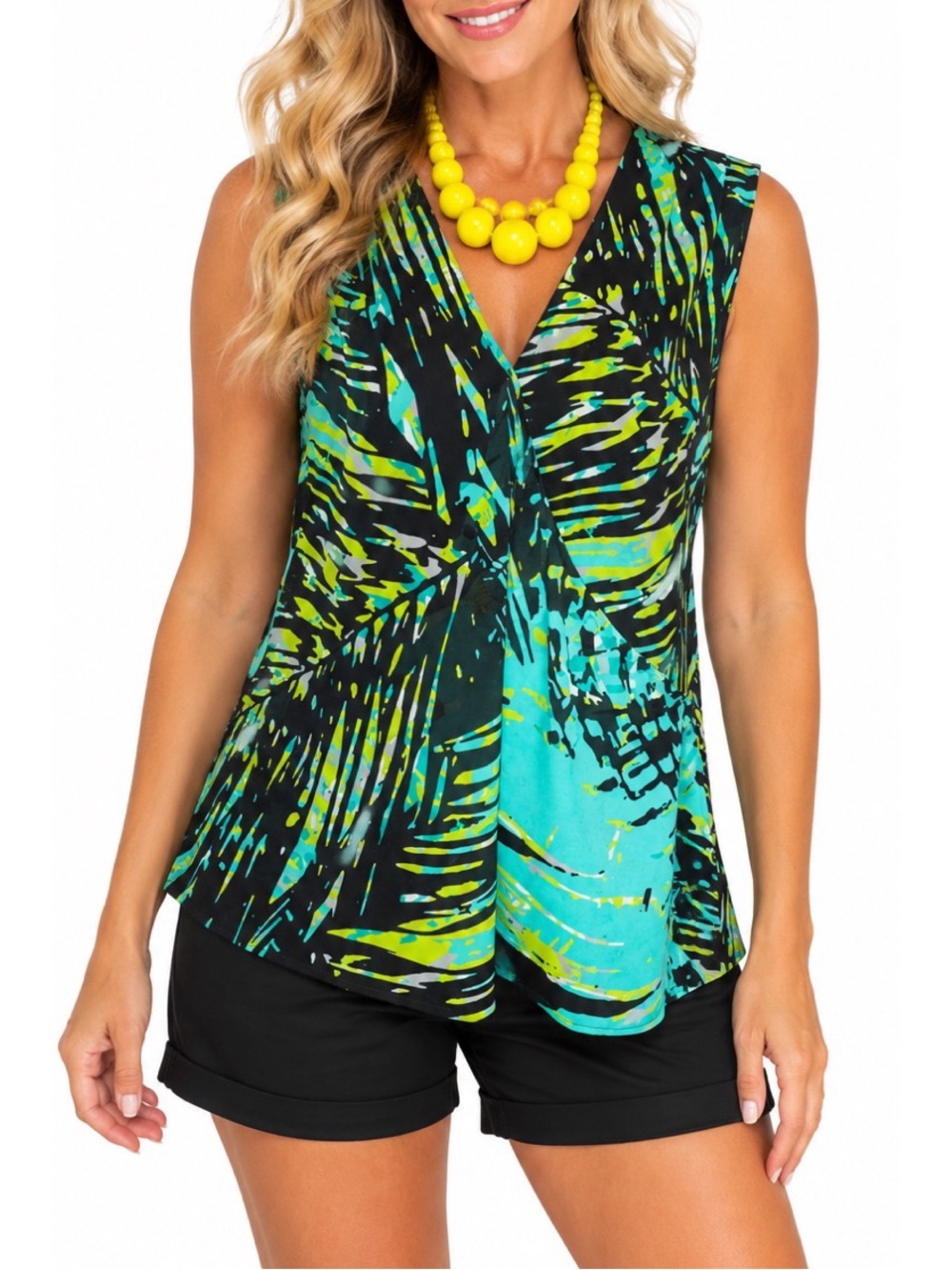 Liz Claiborne sleeveless black, teal, lime, and aqua abstract tropical-print top